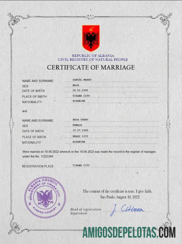 Em branco modelo PSD de certidão de casamento da Albânia